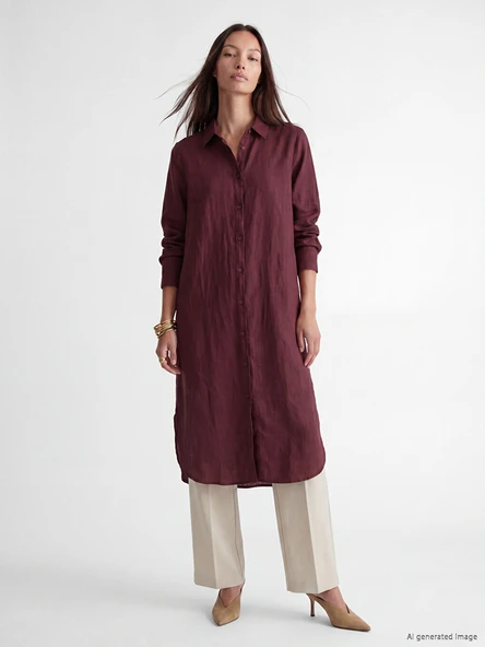 LCW EVERYDAY Bordo Oversize %100 Keten Kadın Gömlek Tunik ürün görseli 1