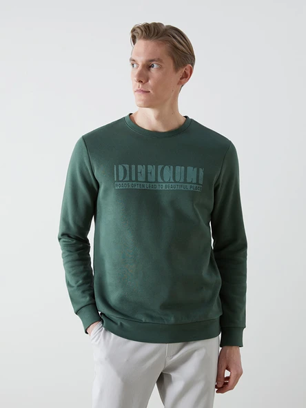 LCWAIKIKI Classic Yeşil Bisiklet Yaka Baskılı Erkek Kalın Sweatshirt ürün görseli 1