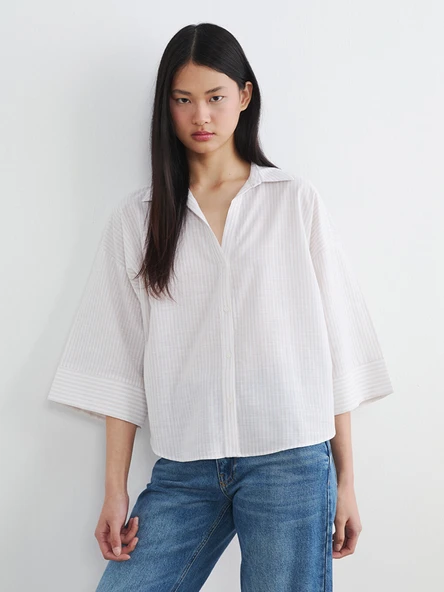 LCW Vision Bej Çizgili Oversize Poplin Kadın Gömlek ürün görseli 1
