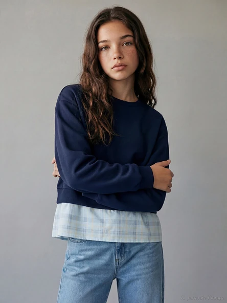 LCW Kids Lacivert Gömlek Görünümlü Kız Çocuk Kalın Sweatshirt ürün görseli 1