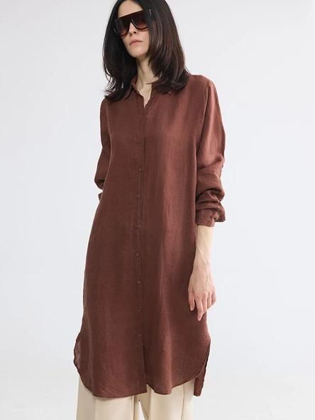 LCW EVERYDAY Kahverengi Oversize %100 Keten Kadın Gömlek Tunik ürün görseli 1
