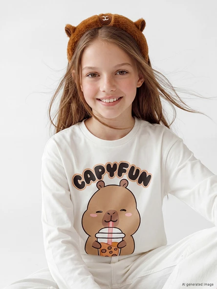 LCW Kids Beyaz Bisiklet Yaka Capyfun Baskılı Kız Çocuk Tişört ürün görseli 1