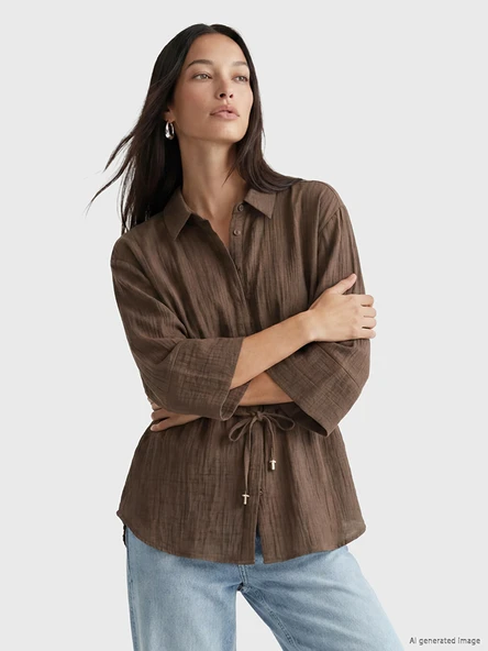 LCW EVERYDAY Kahverengi Dokulu Oversize Kadın Gömlek ürün görseli 1