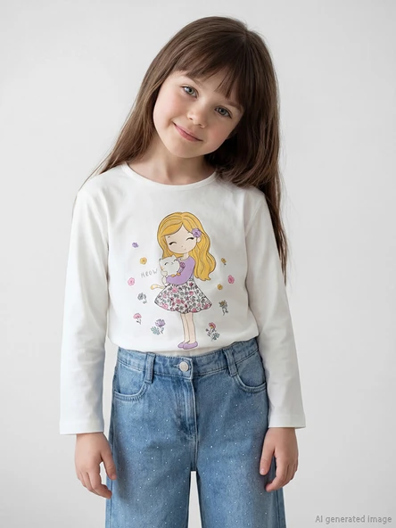 LCW Kids Beyaz Bisiklet Yaka Uzun Kollu Baskılı Kız Çocuk Tişört ürün görseli 1