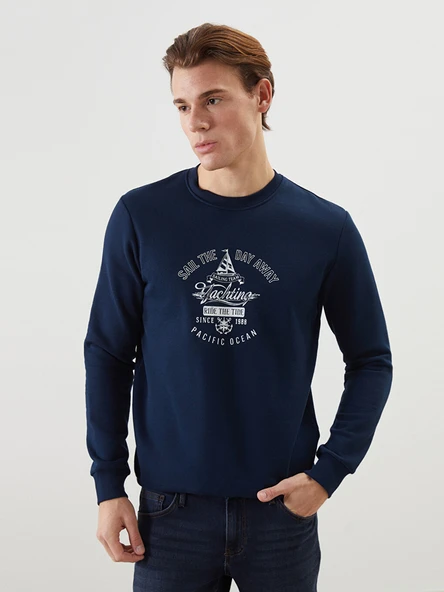 LCWAIKIKI Classic Lacivert Bisiklet Yaka Baskılı Erkek Kalın Sweatshirt ürün görseli 1