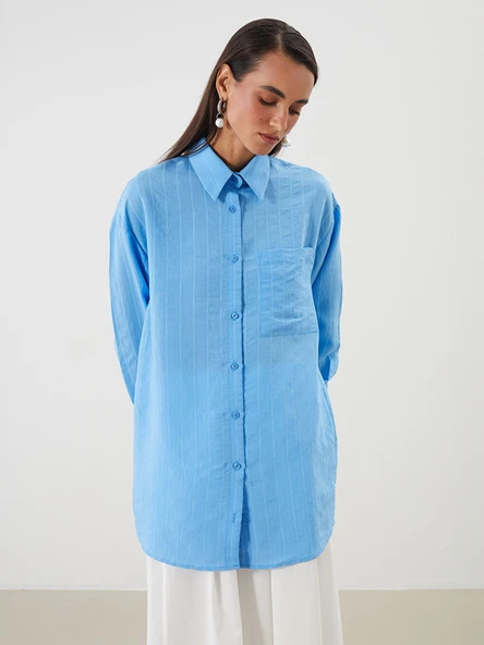 LCW Modest Mavi Dokulu Oversize Kadın Gömlek Tunik ürün görseli 1
