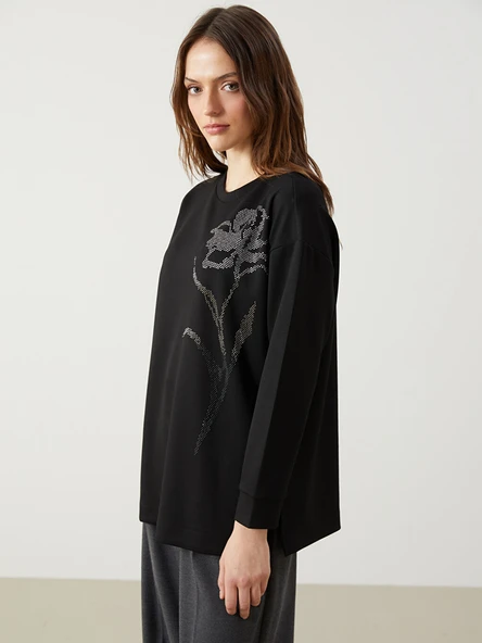 LCWAIKIKI Classic Siyah Taşlı Oversize Kadın Sweatshirt Tunik ürün görseli 1