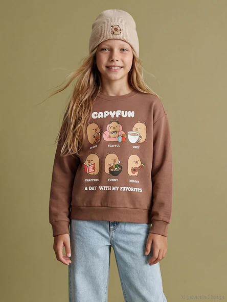 LCW Kids Kahverengi Capyfun Baskılı Kız Çocuk Kalın Sweatshirt ürün görseli 1
