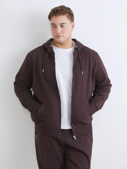 LCWAIKIKI Classic Mürdüm Büyük Beden Kapüşonlu Erkek Kalın Fermuarlı Sweatshirt ürün görseli 1