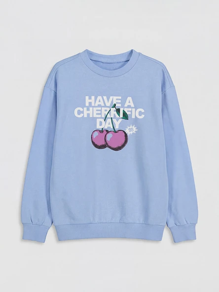 LCW Kids Mavi Bisiklet Yaka Baskılı Kız Çocuk Sweatshirt ürün görseli 1