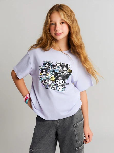 LCW Kids Lila Bisiklet Yaka Kuromi Baskılı Kız Çocuk Tişört ürün görseli 1