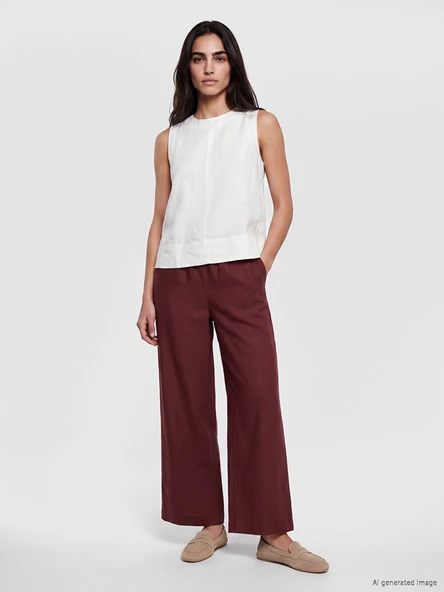 LCWAIKIKI Classic Bordo Beli Lastikli Kadın %100 Keten Pantolon ürün görseli 1