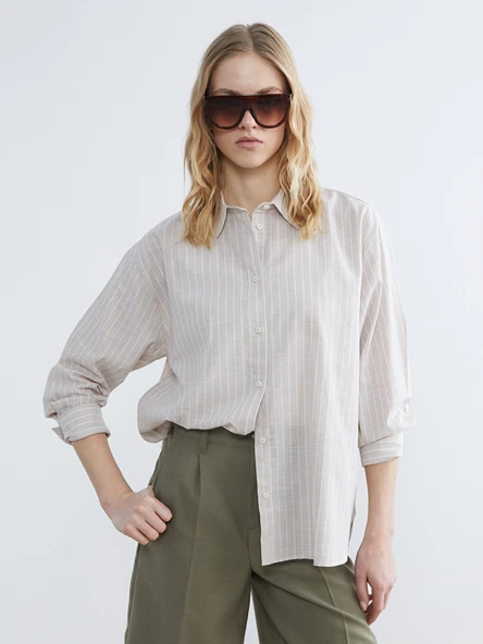 LCW Vision Bej Çizgili Oversize Poplin Kadın Gömlek ürün görseli 1