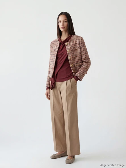 LCW STUDIO Bej Loose Fit Geniş Paça Kadın Pileli Pantolon ürün görseli 1