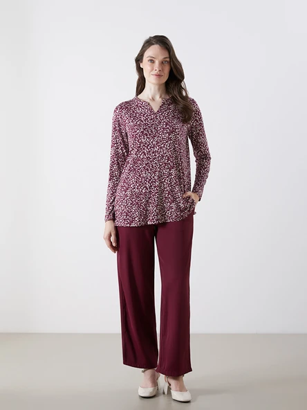 LCW Modest Bordo Beli Lastikli Geniş Paça Kadın Pantolon ürün görseli 1