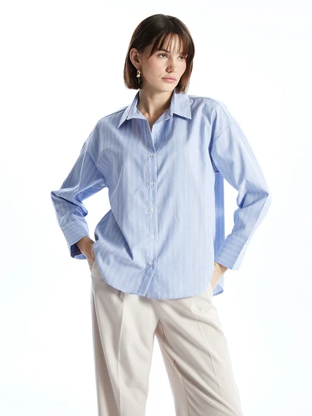 LCW Vision Mavi Çizgili Oversize Poplin Kadın Gömlek ürün görseli 1