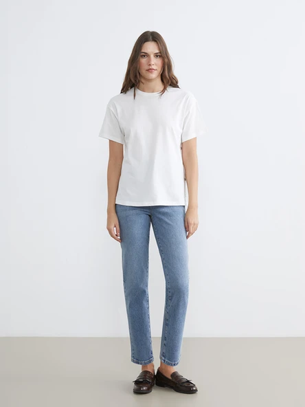 LCW Comfort İndigo Beli Lastikli Mom Fit Kadın Jean Pantolon ürün görseli 1