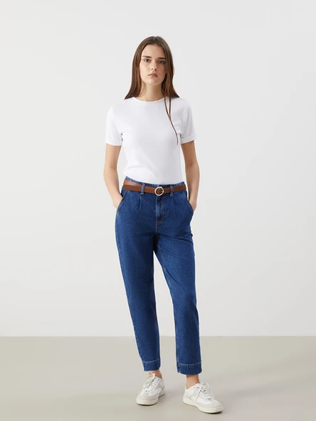 LCW Jeans İndigo Beli Kemerli Mom Fit Kadın Jean Pantolon ürün görseli 1