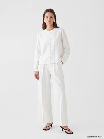 LCW Modest Ekru Loose Fit Keten Görünümlü Kadın Pileli Pantolon ürün görseli 1