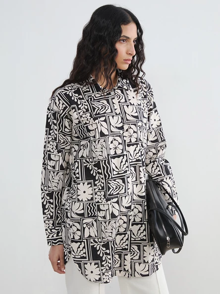 LCW Modest Siyah Desenli Oversize Kadın Gömlek Tunik ürün görseli 1