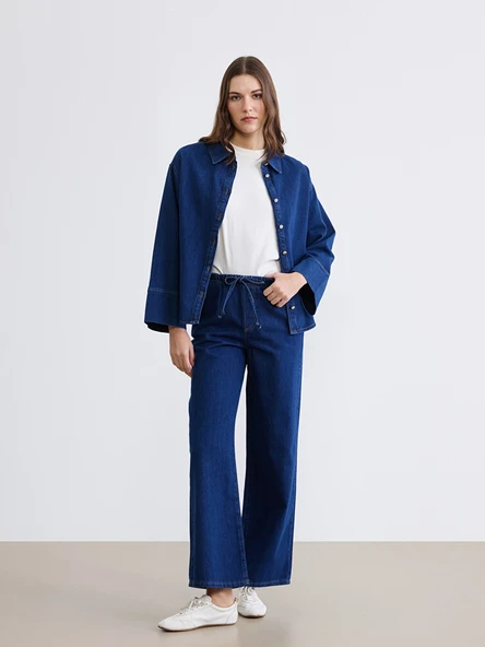 LCW Comfort İndigo Beli Lastikli Wideleg Kadın Jean Pantolon ürün görseli 1