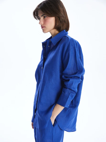 LCW Vision Mavi Oversize %100 Keten Kadın Gömlek ürün görseli 1