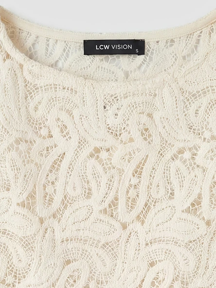 LCW Vision Beyaz Bisiklet Yaka Dantelli Bluz - Resim 7