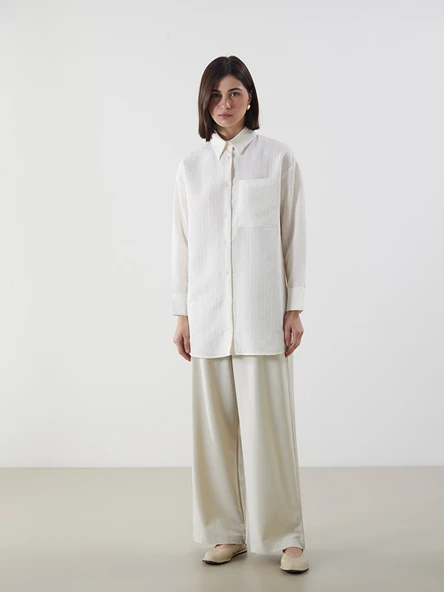 LCW Modest Ekru Dokulu Oversize Kadın Gömlek Tunik - Resim 2