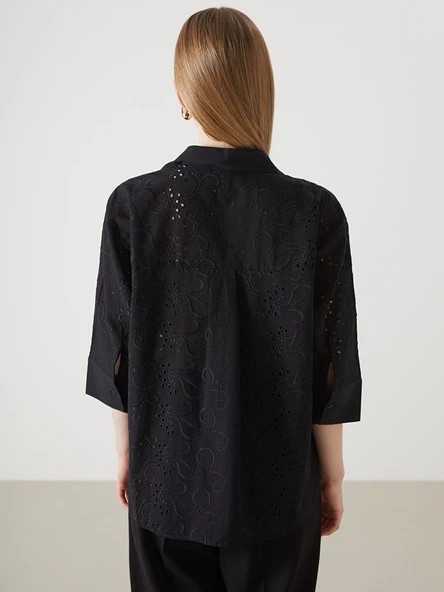 LCW Vision Siyah Ajurlu Oversize Kadın Gömlek - Resim 4