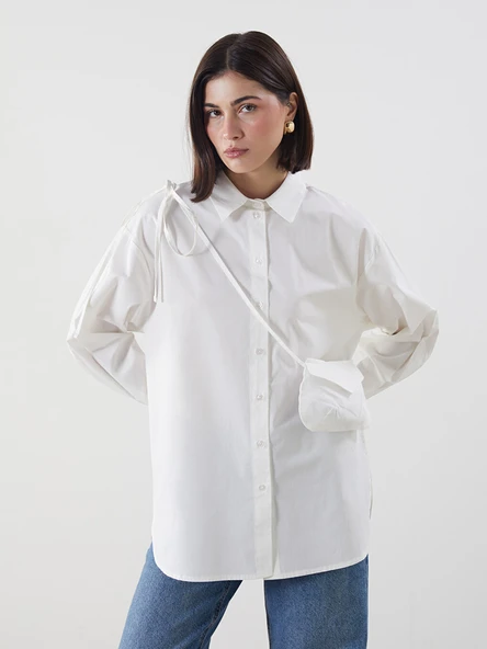 LCW Modest Ekru Askılı Cüzdan Detaylı Oversize Kadın Gömlek Tunik ürün görseli 1