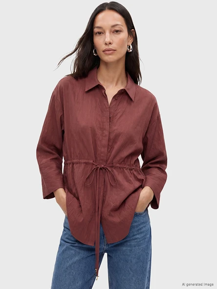 LCW EVERYDAY Bordo Çizgili Oversize Armürlü Kadın Gömlek ürün görseli 1