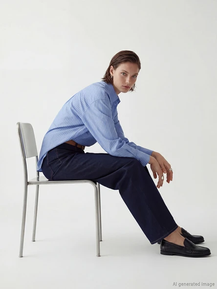 LCW Vision Mavi Çizgili Oversize Poplin Kadın Gömlek ürün görseli 1