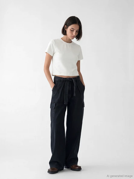 LCW Jeans Siyah Beli Kemerli Wideleg Kadın Kargo Jean Pantolon ürün görseli 1