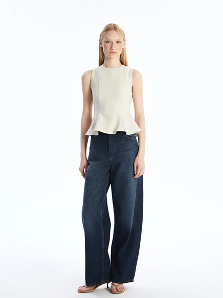 LCW Vision Bej Bisiklet Yaka Peplum Bluz - Resim 2
