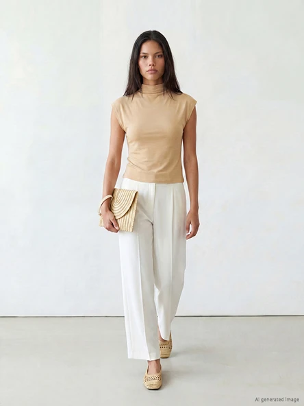 LCW Modest Bej Dik Yaka Bluz - Resim 2