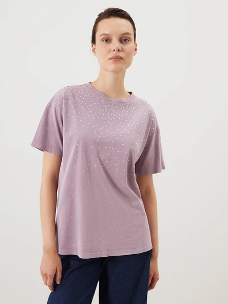 LCW Comfort Lila Bisiklet Yaka Taşlı Kadın Bluz ürün görseli 1