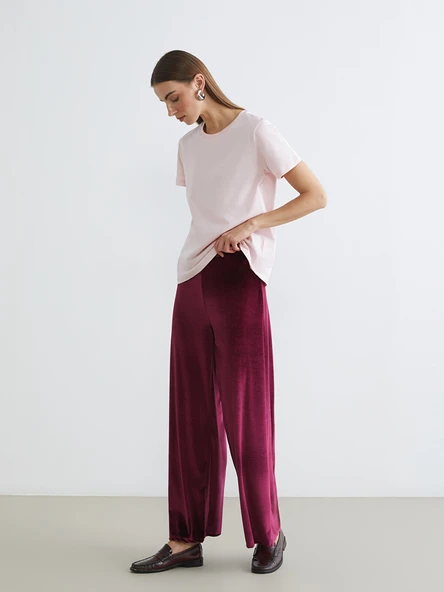 LCWAIKIKI Basic Bordo Beli Lastikli Geniş Paça Kadın Kadife Pantolon ürün görseli 1