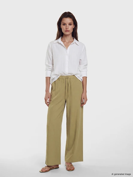 LCW Modest Haki Beli Lastikli Keten Karışımlı Kadın Pantolon ürün görseli 1