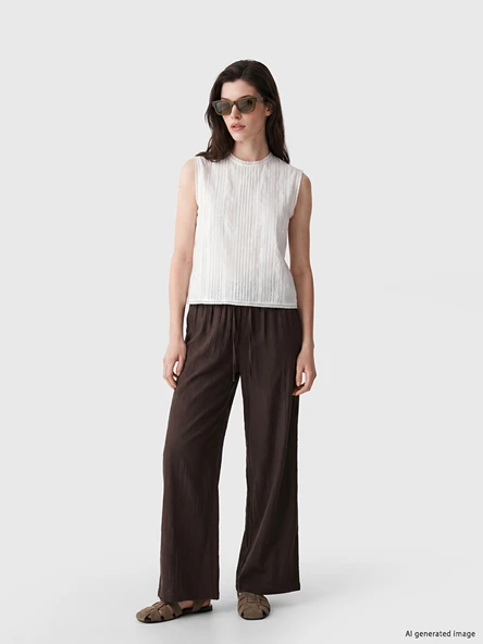 LCW Comfort Kahverengi Beli Lastikli Geniş Paça Kadın Pantolon ürün görseli 1