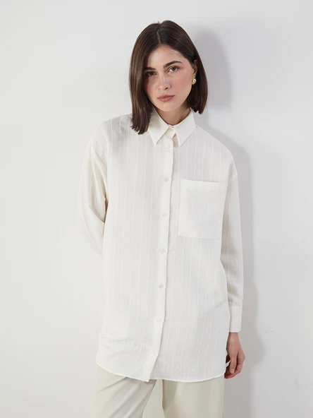 LCW Modest Ekru Dokulu Oversize Kadın Gömlek Tunik ürün görseli 1