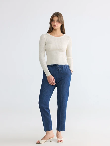 LCWAIKIKI Classic İndigo Carrot Fit Keten Karışımlı Kadın Jean Pantolon ürün görseli 1