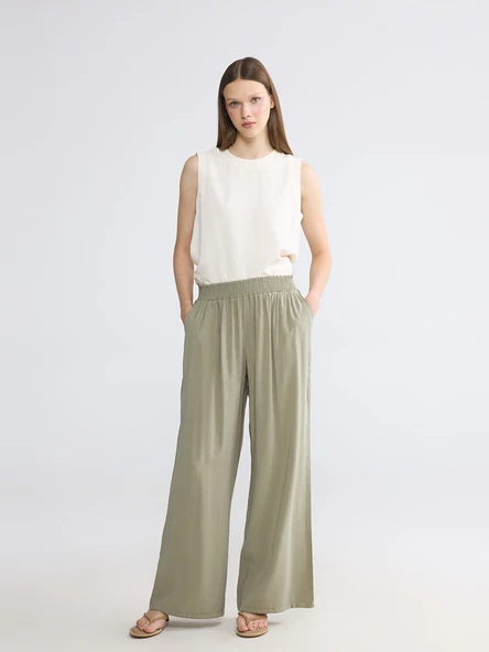 LCW Modest Haki Beli Lastikli Geniş Paça Kadın Pantolon ürün görseli 1