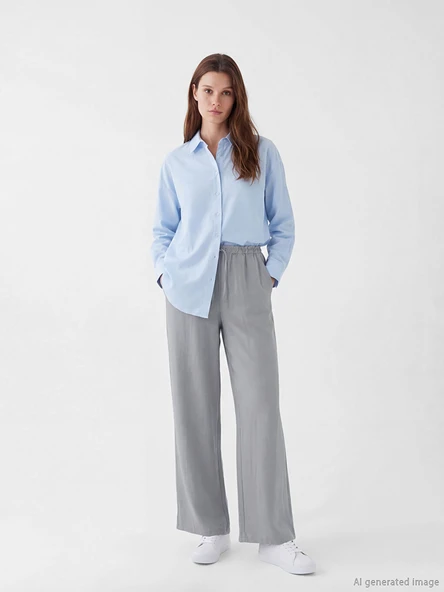 LCW Modest Gri Beli Lastikli Geniş Paça Kadın Pantolon ürün görseli 1