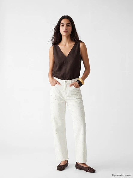 LCW Jeans Beyaz Straight Fit İnci İşlemeli Kadın Jean Pantolon ürün görseli 1