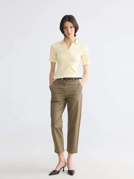 LCWAIKIKI Classic Haki Beli Kemerli Gabardin Kadın Pantolon ürün görseli 1