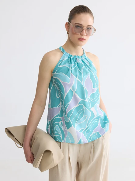 LCW Comfort Mavi Halter Yaka Desenli Bluz ürün görseli 1