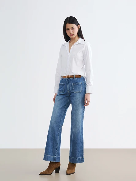 LCW Jeans İndigo Beli Kemerli Wideleg Kadın Jean Pantolon ürün görseli 1