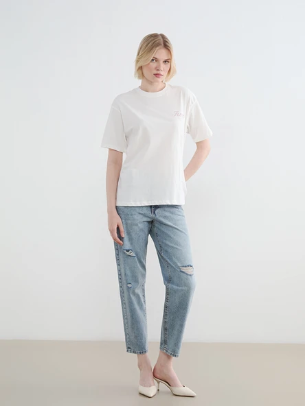 LCW Jeans İndigo Boyfriend Fit Kadın Yırtık Jean Pantolon ürün görseli 1