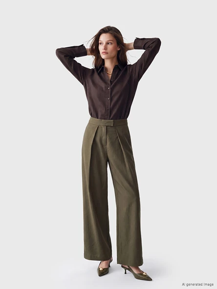 LCW Modest Haki Geniş Paça Pileli Kadın Kumaş Pantolon ürün görseli 1