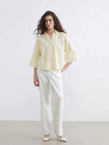 LCW Vision Sarı Çizgili Oversize Kadın Gömlek - Resim 2
